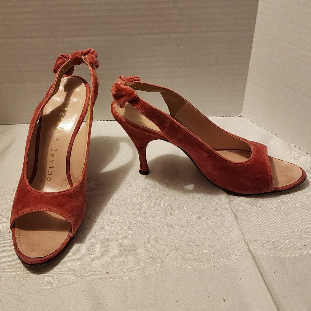 Size 8.5 Slim Open Toe Vintage 50's-60's Rose Pink Velvet Slingback Heels Bows